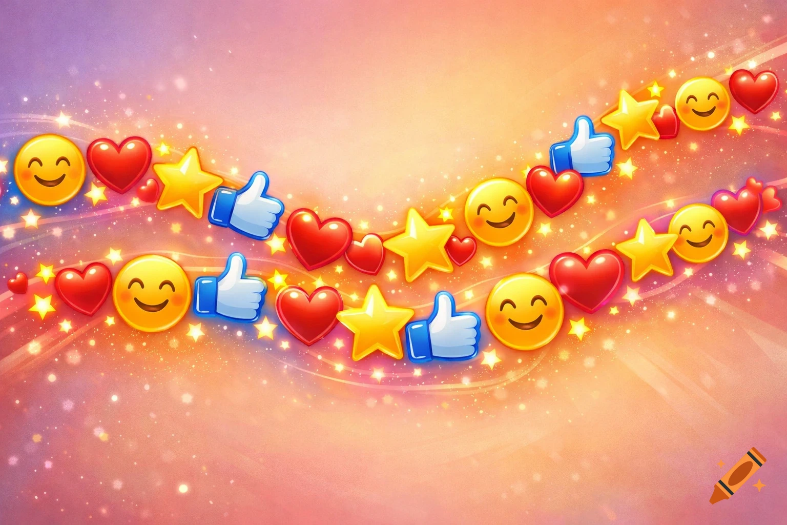 Two curving garlands of smiling face emojis, red hearts, golden stars, and blue thumbs-up emojis on a glittering background.