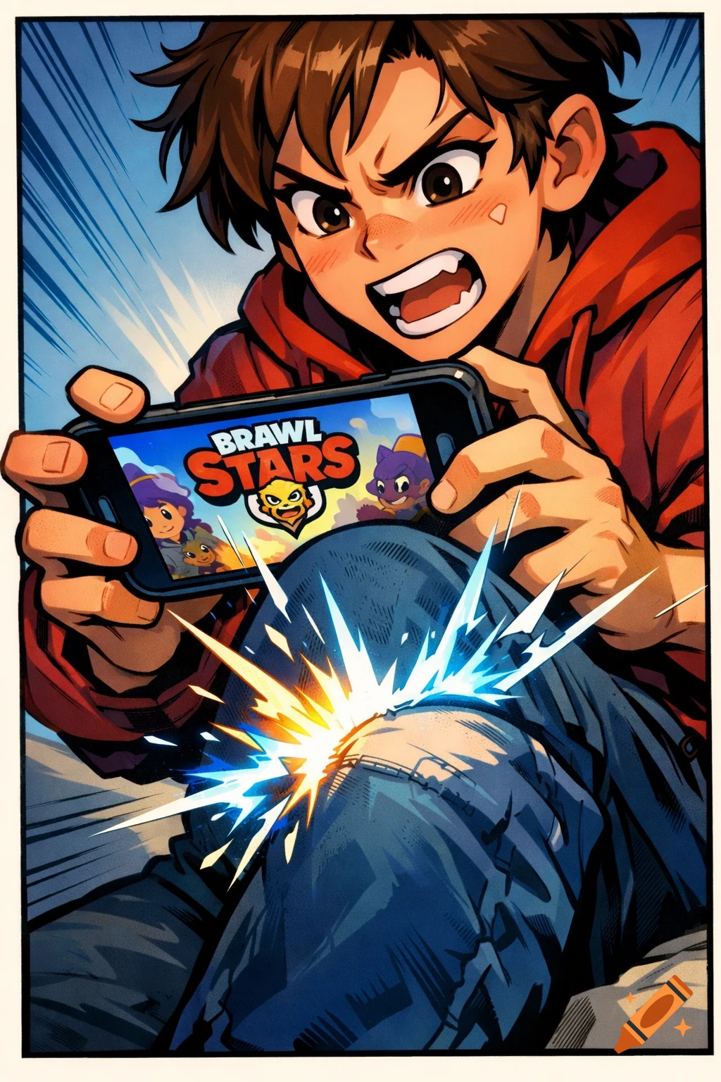 Anime-style person playing Brawl Stars on a phone, with a knee hitting the screen, in a comic book art style.