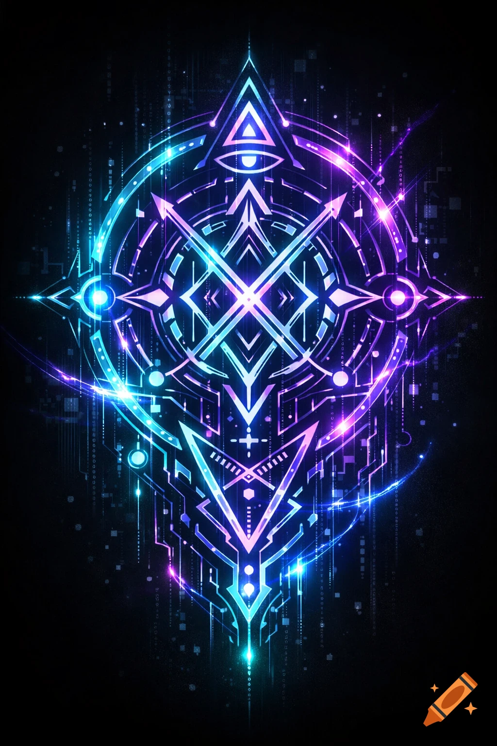 Glowing abstract cyberpunk sigil tattoo design with blue and purple light on a dark background.