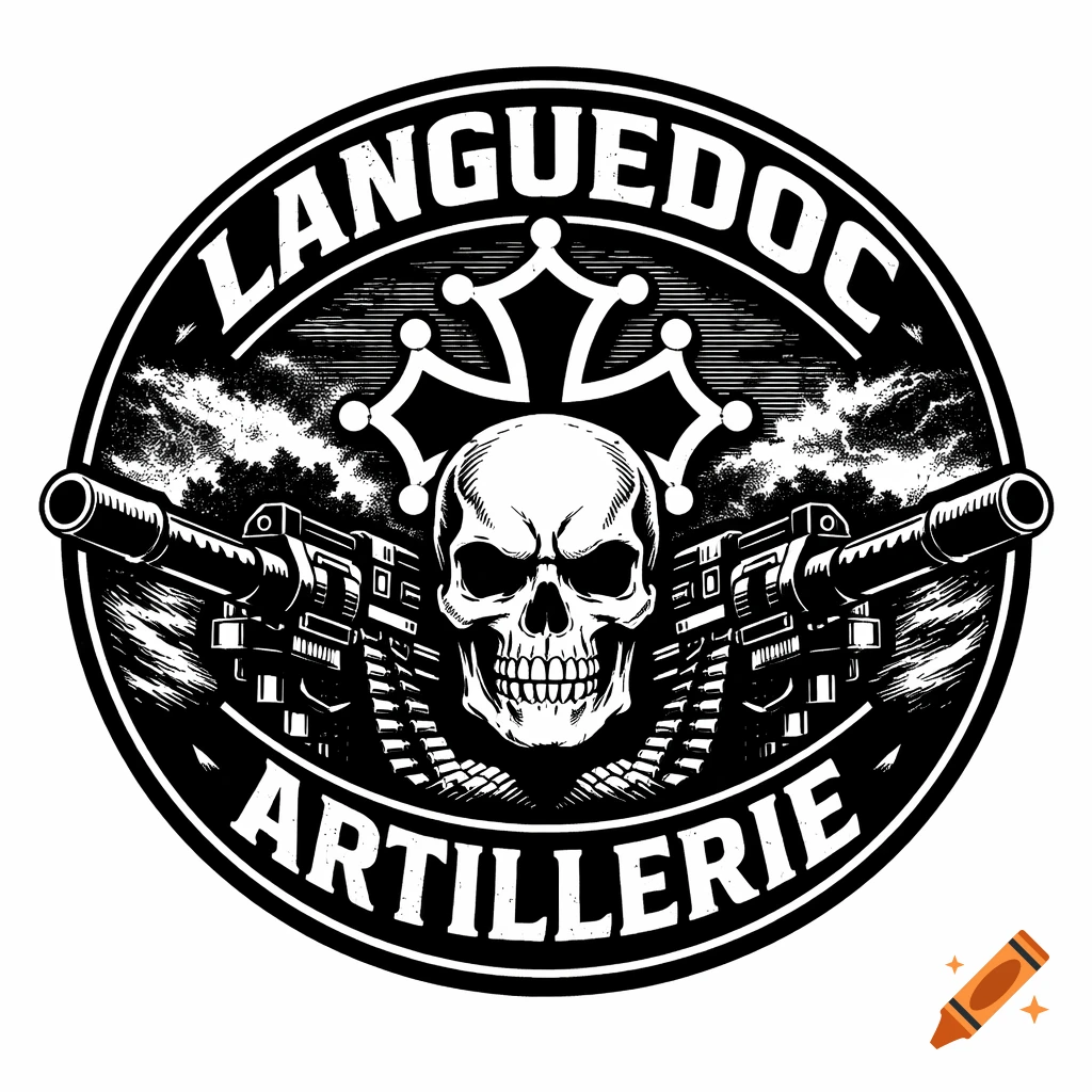 Black and white round logo with a skull, two machine guns, and an Occitan cross, text reads LANGUEDOC ARTILLERIE.