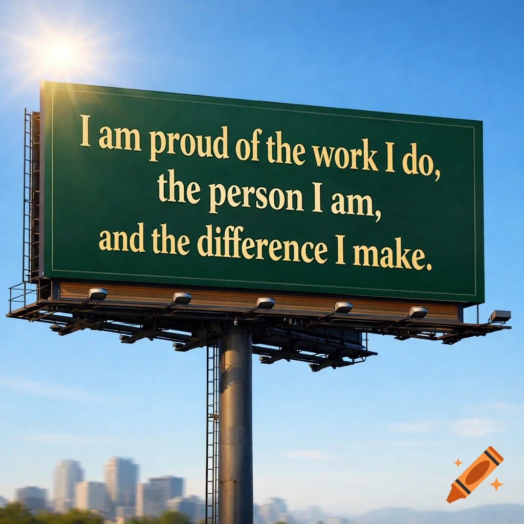 A green billboard with the quote 'I am proud of the work I do, the person I am, and the difference I make.' against a blue sky and city skyline.