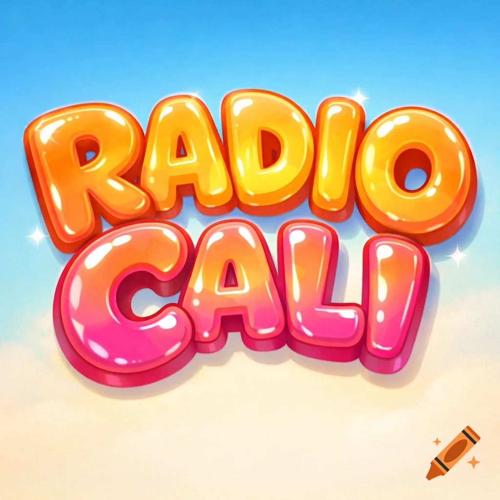 Colorful, glossy bubble letters spell 'RADIO CALI' against a bright blue sky with soft white clouds.