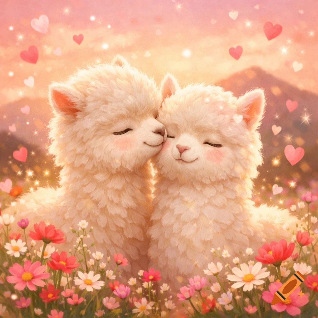 Two fluffy white alpacas nuzzling cheek-to-cheek in a field of pink flowers with floating hearts and sparkles at sunset.