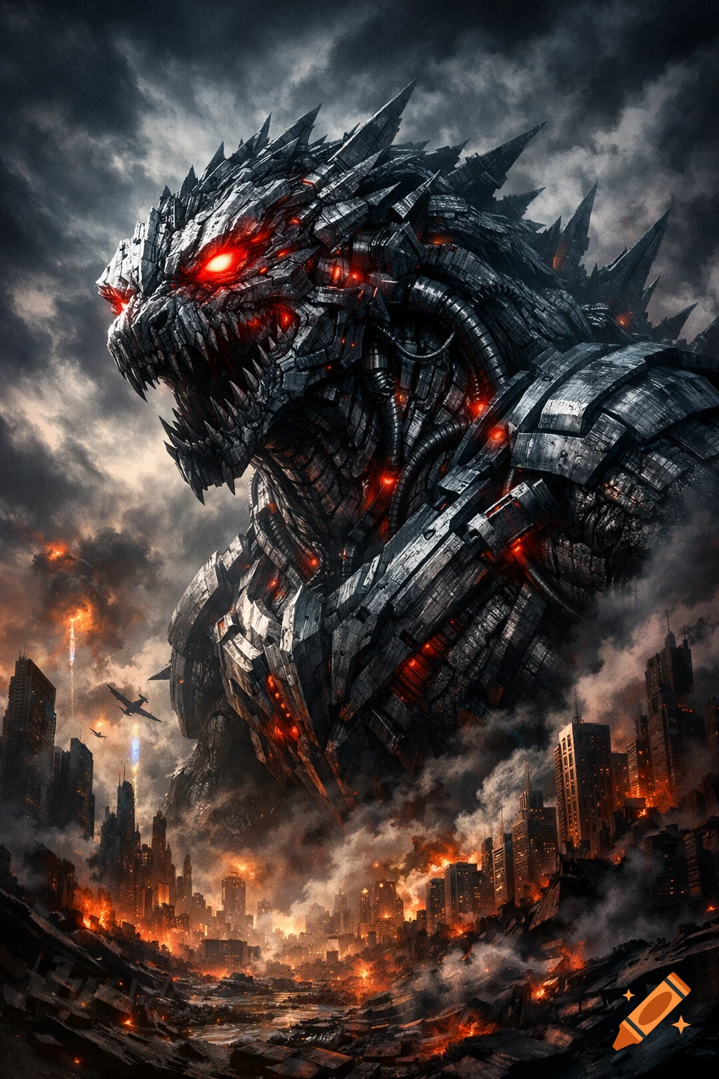 A gigantic, menacing mechanical kaiju with glowing red eyes towers over a burning, ruined cityscape under a stormy sky, cinematic.