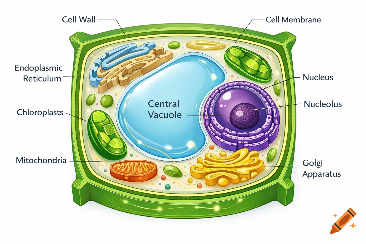 Colorful diagram of a plant cell showing labeled organelles including cell wall, nucleus, vacuole, and mitochondria.