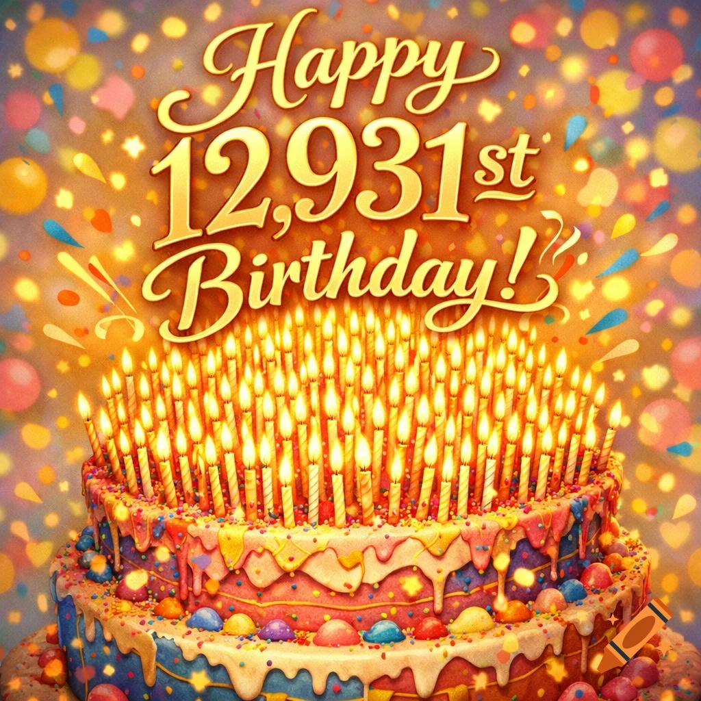 A vibrant, colorful, multi-tiered birthday cake with countless lit candles and the text 'Happy 12,931st Birthday!'.