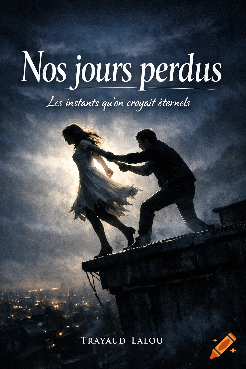 Photorealistic scene of a man holding a woman's hand on a rooftop edge at night, silhouetted. Text: Nos jours perdus.