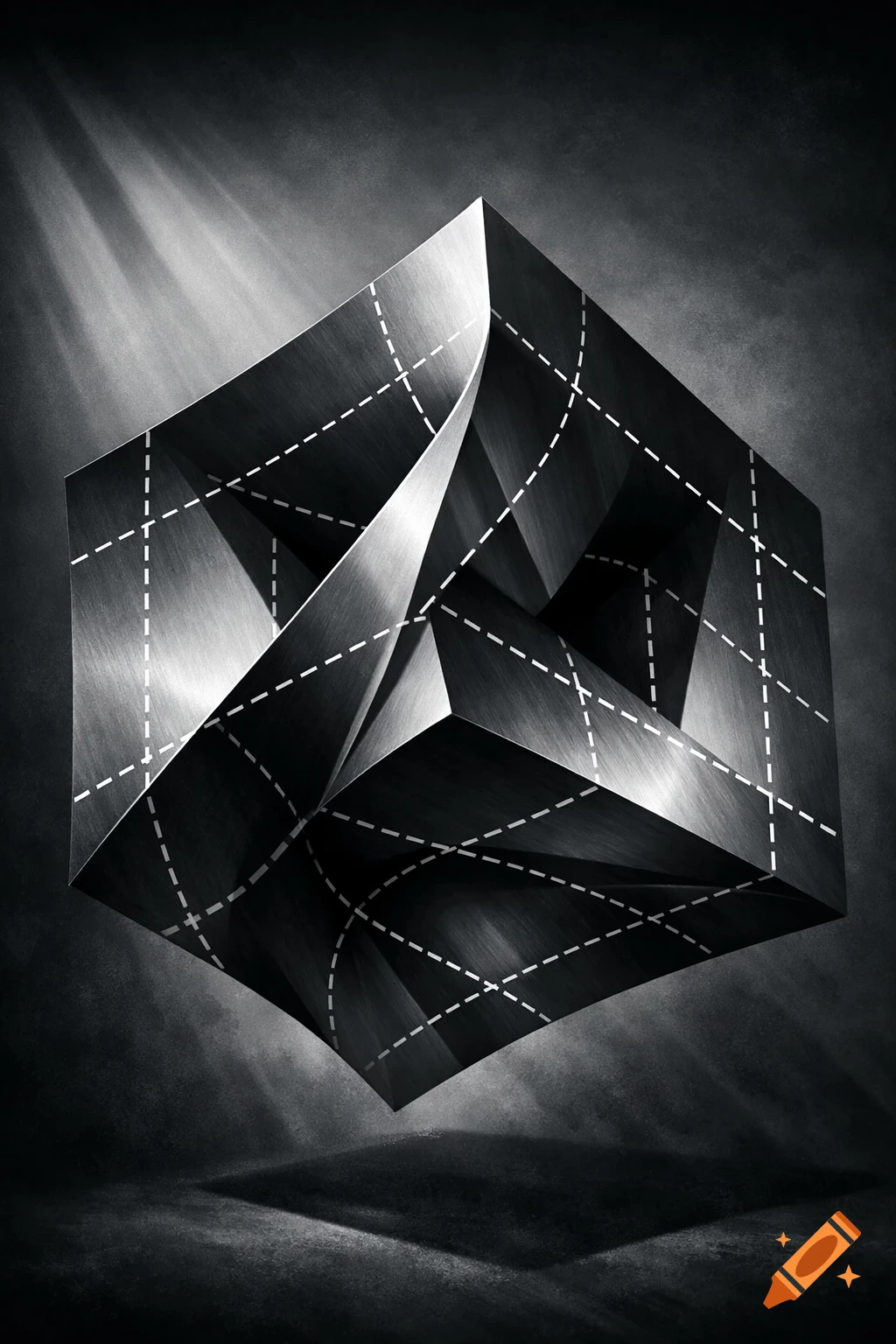 Monochrome abstract art of a twisted, dark metallic cube with white dashed lines, dramatically lit.