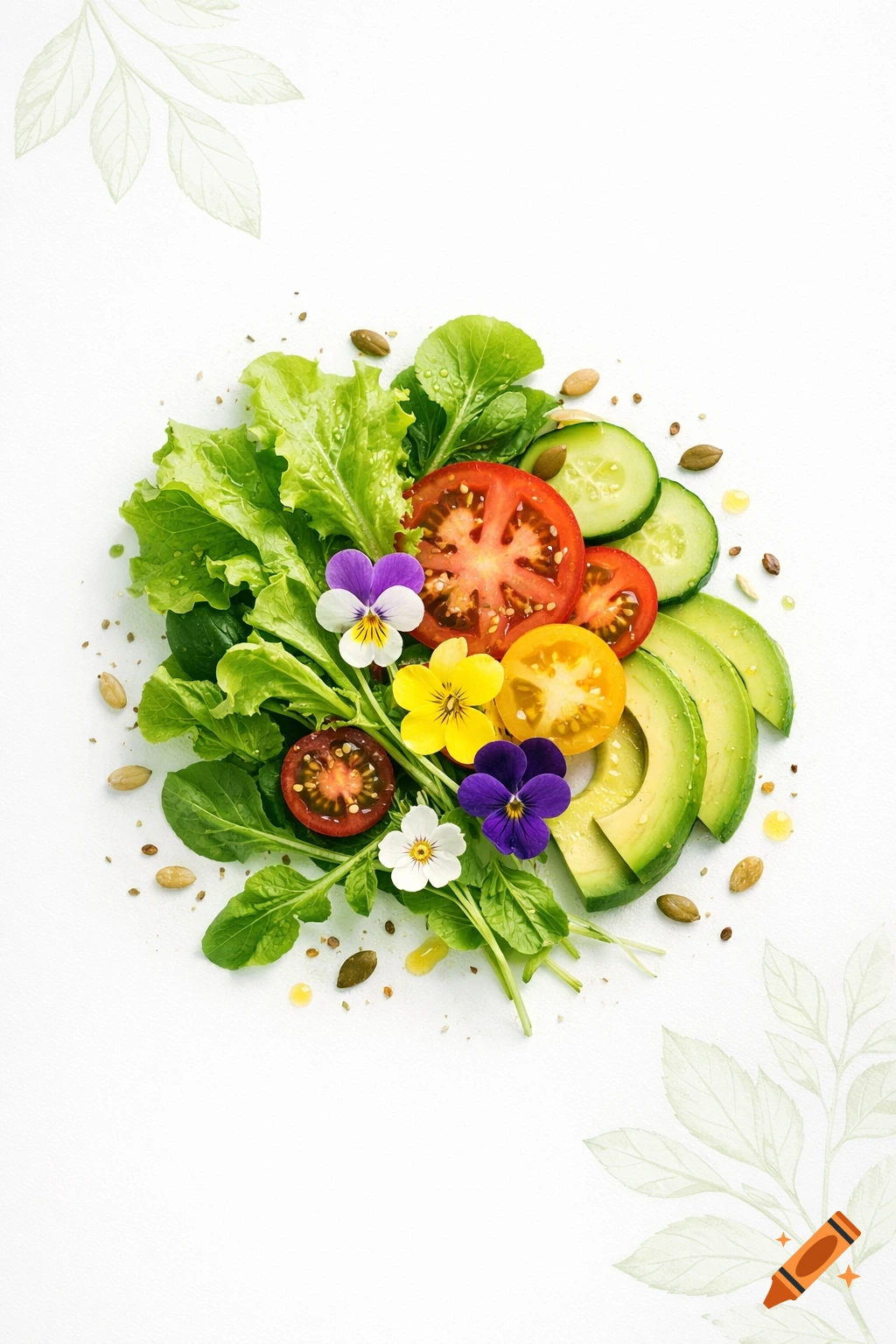 Flat lay of fresh salad ingredients: vibrant green lettuce, sliced tomatoes, cucumber, avocado, pumpkin seeds, and colorful edible pansies on a white background.