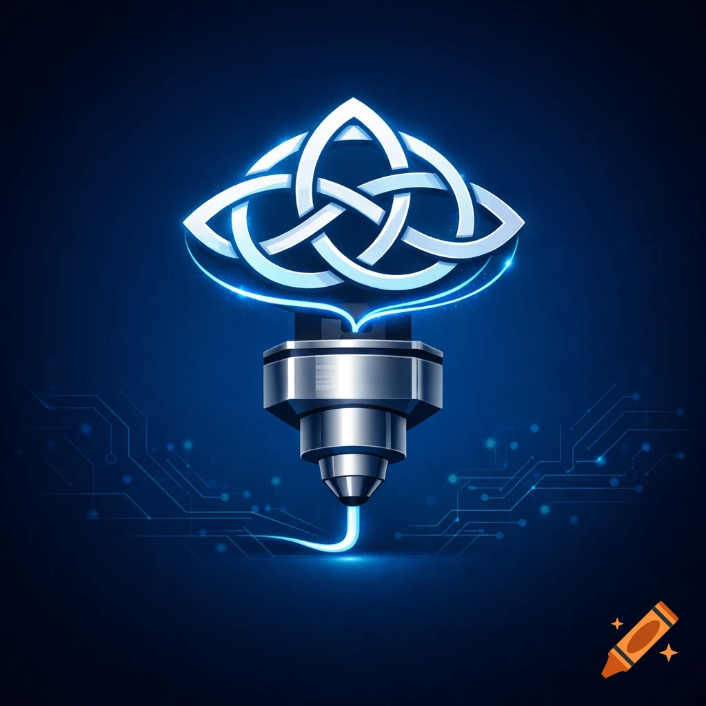 Stylized logo of a metallic 3D printer nozzle with a glowing white Celtic knot emerging from its top on a blue circuit background.
