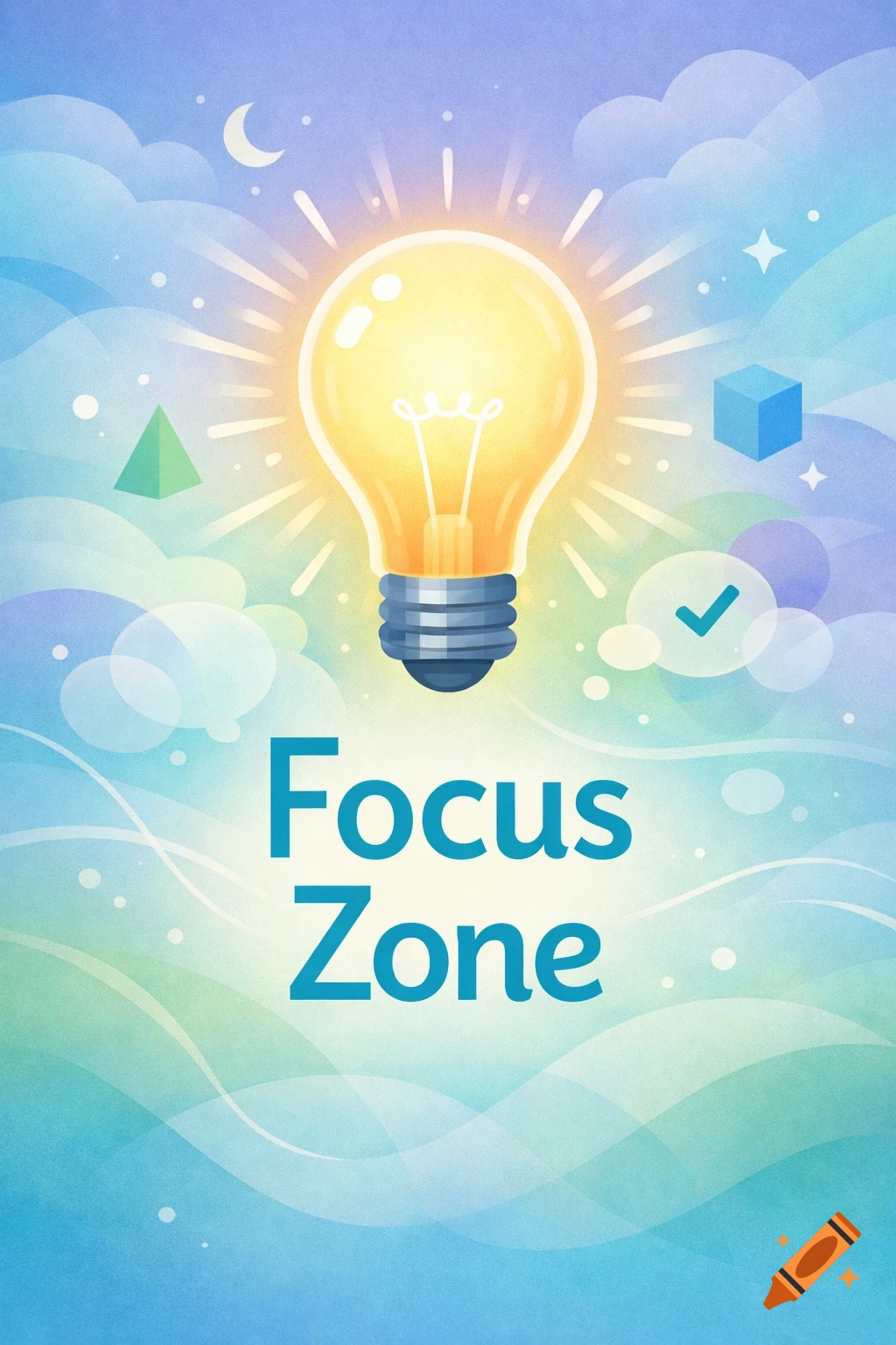 Stylized illustration of a glowing lightbulb with the text "Focus Zone", surrounded by abstract shapes like a moon, stars, pyramid, cube, and checkmark, on a blue and green gradient background.