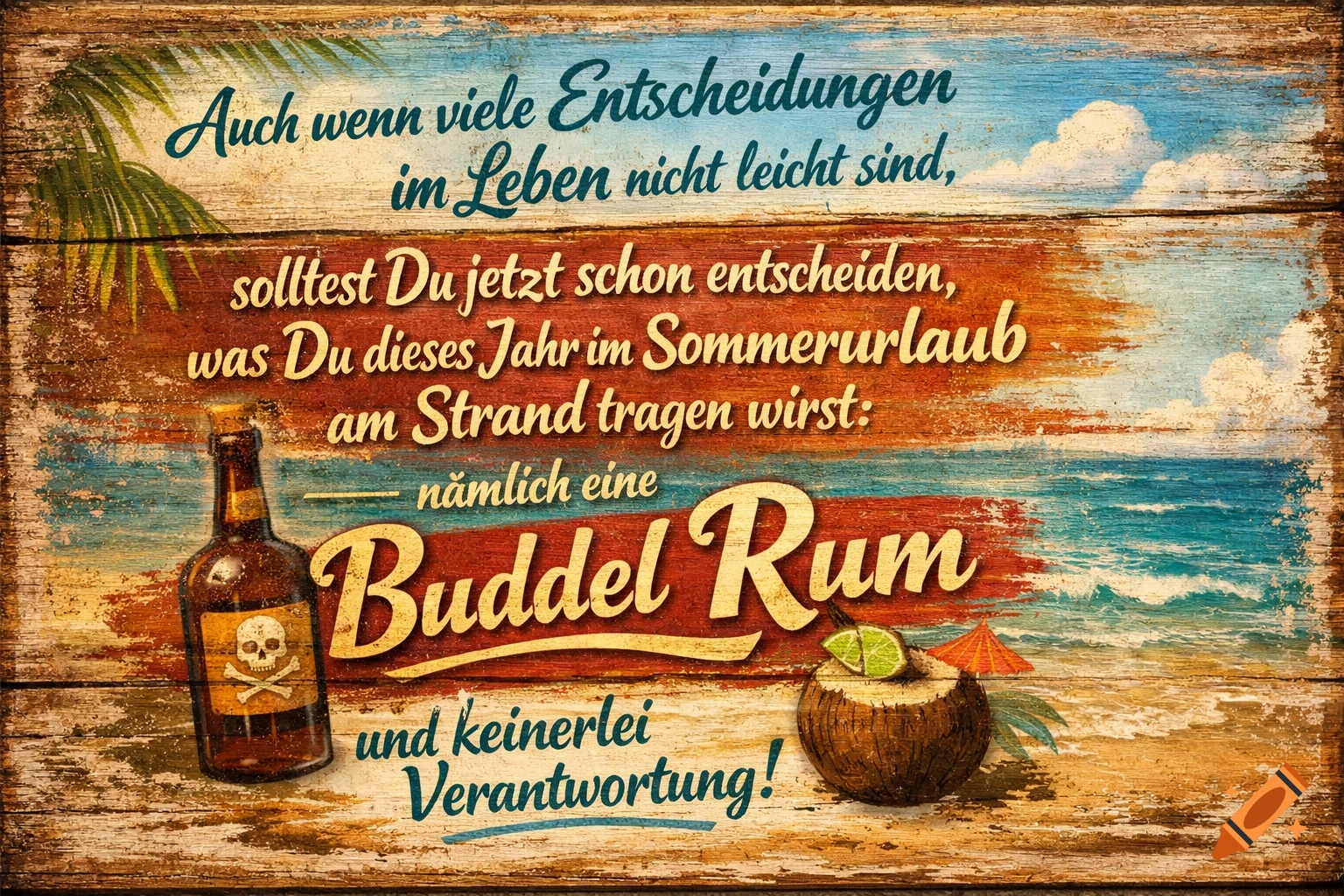 Vintage wooden sign with German text about summer vacation, rum, and no responsibility, featuring a rum bottle and coconut cocktail on a beach background.