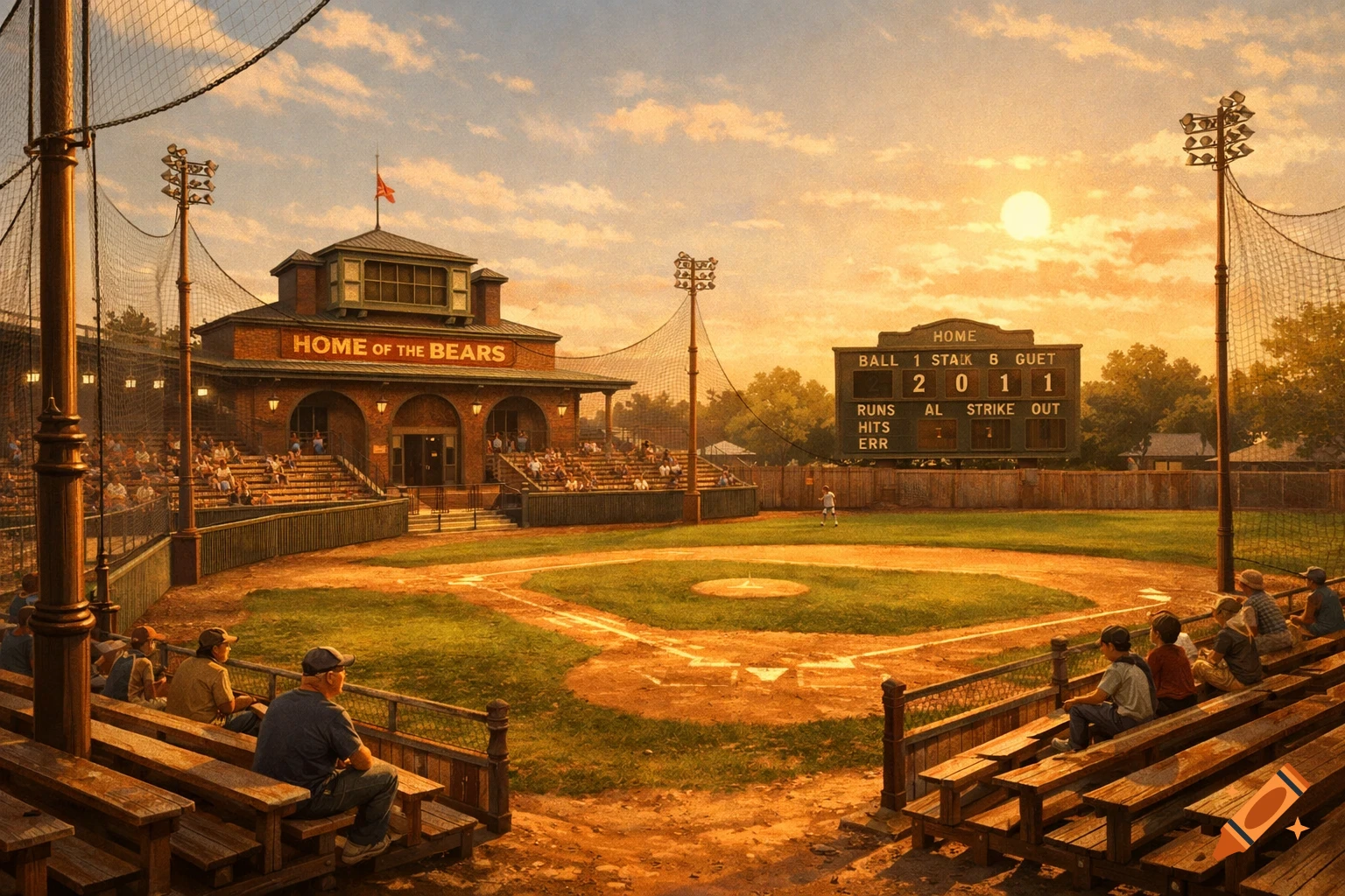 A vintage-style baseball stadium at sunset, with wooden bleachers, a brick building, and a scoreboard in the outfield, bathed in golden light.