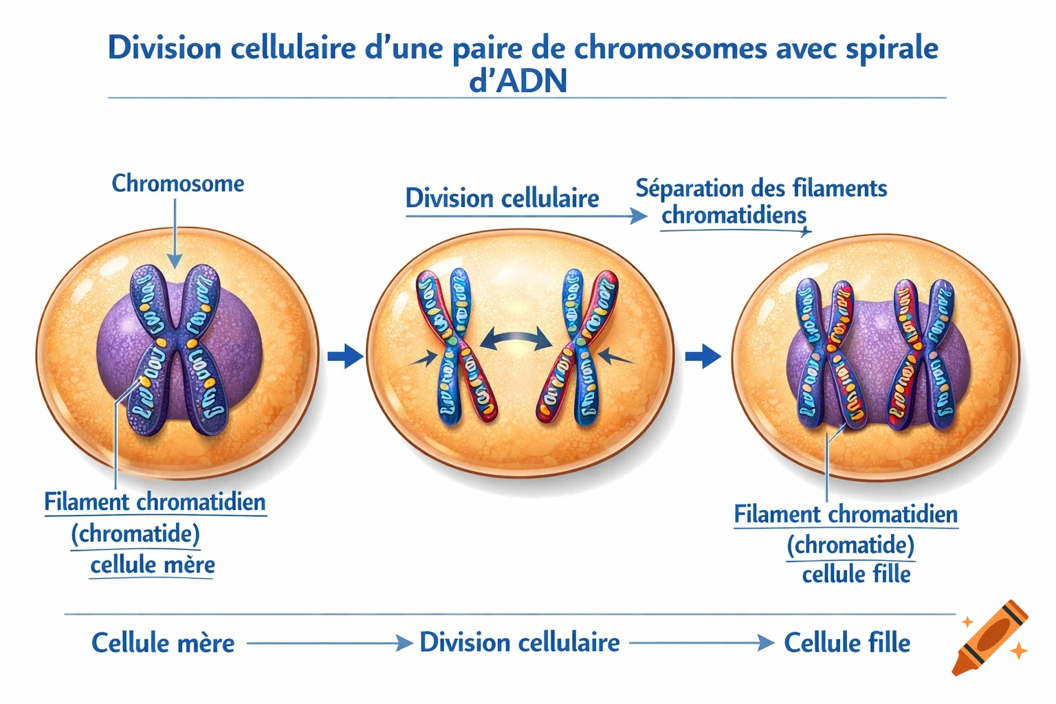 A detailed educational diagram showing three stages of cellular division of a pair of chromosomes in a cell, with clear French labels.