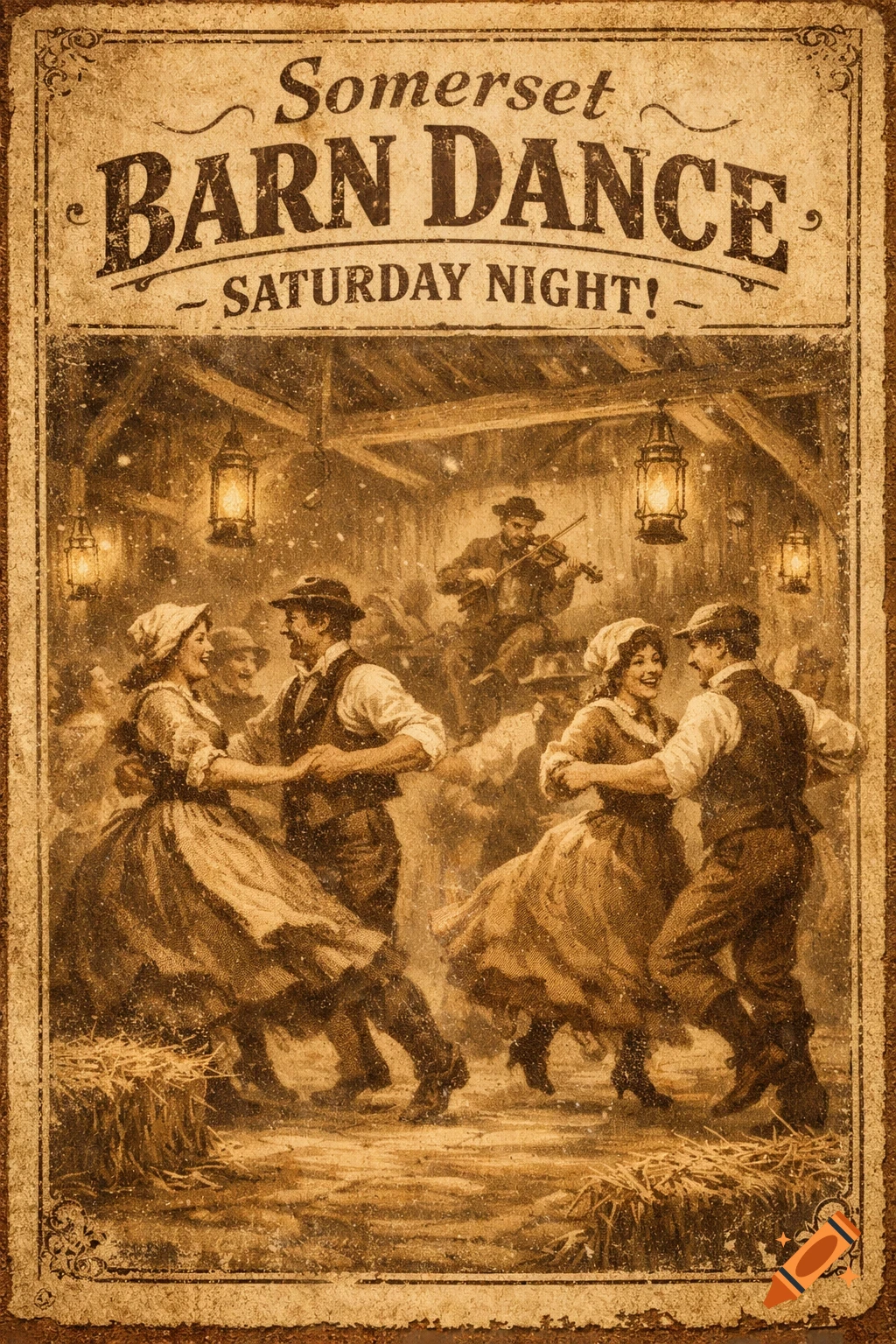 Vintage sepia-toned poster for a Somerset Barn Dance with people dancing and a fiddler.