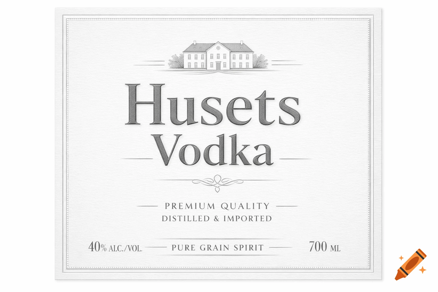 Grayscale label for Husets Vodka, featuring a classic house illustration and product details like "PREMIUM QUALITY" and "700 ML".