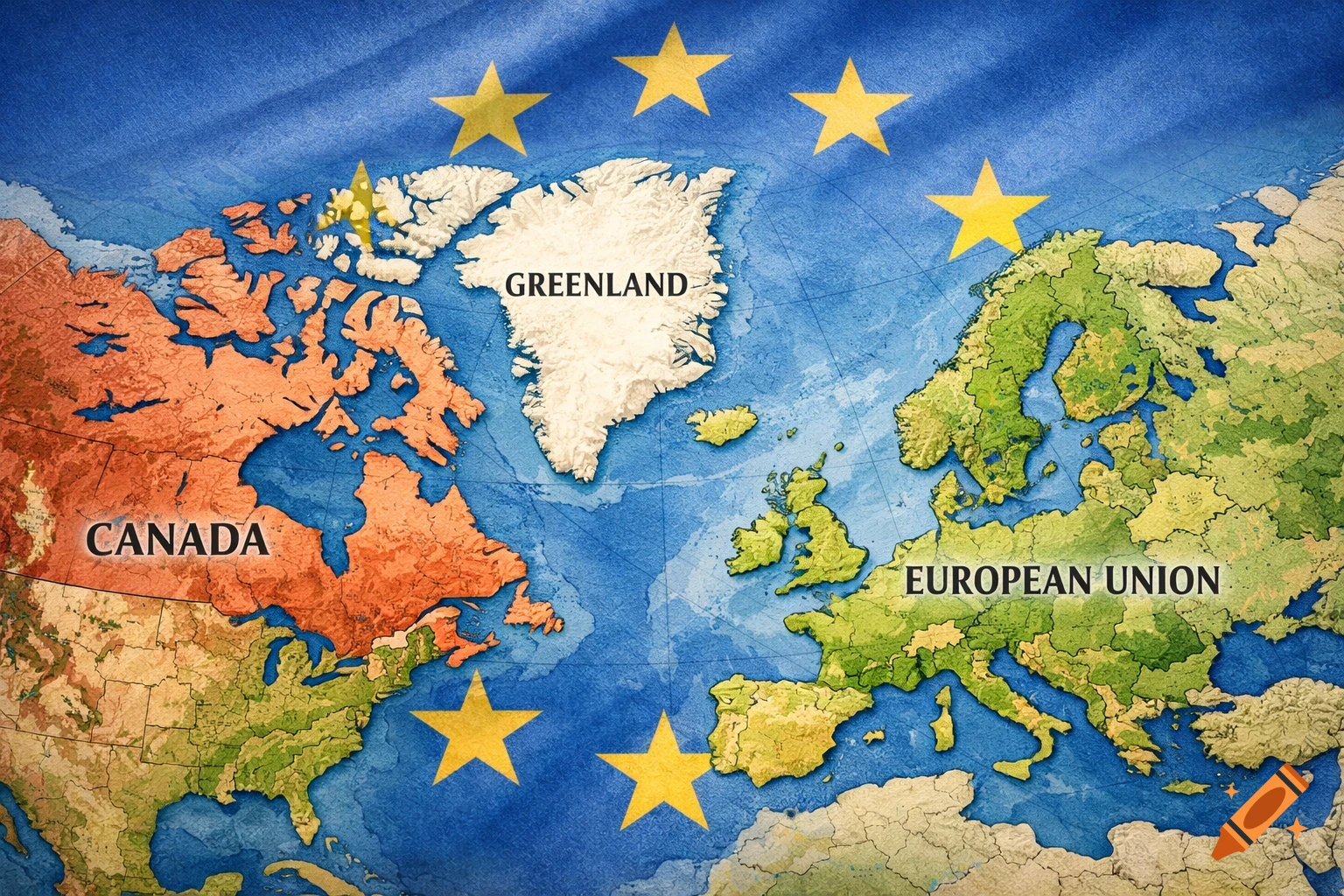 A detailed, textured map showing Canada, Greenland, and Europe with European Union stars over the Atlantic Ocean.