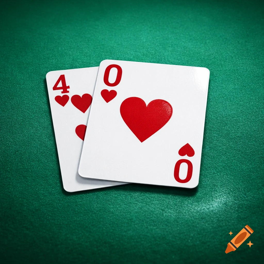 Two overlapping playing cards, a 4 of hearts and a 0 of hearts, on a green poker table.
