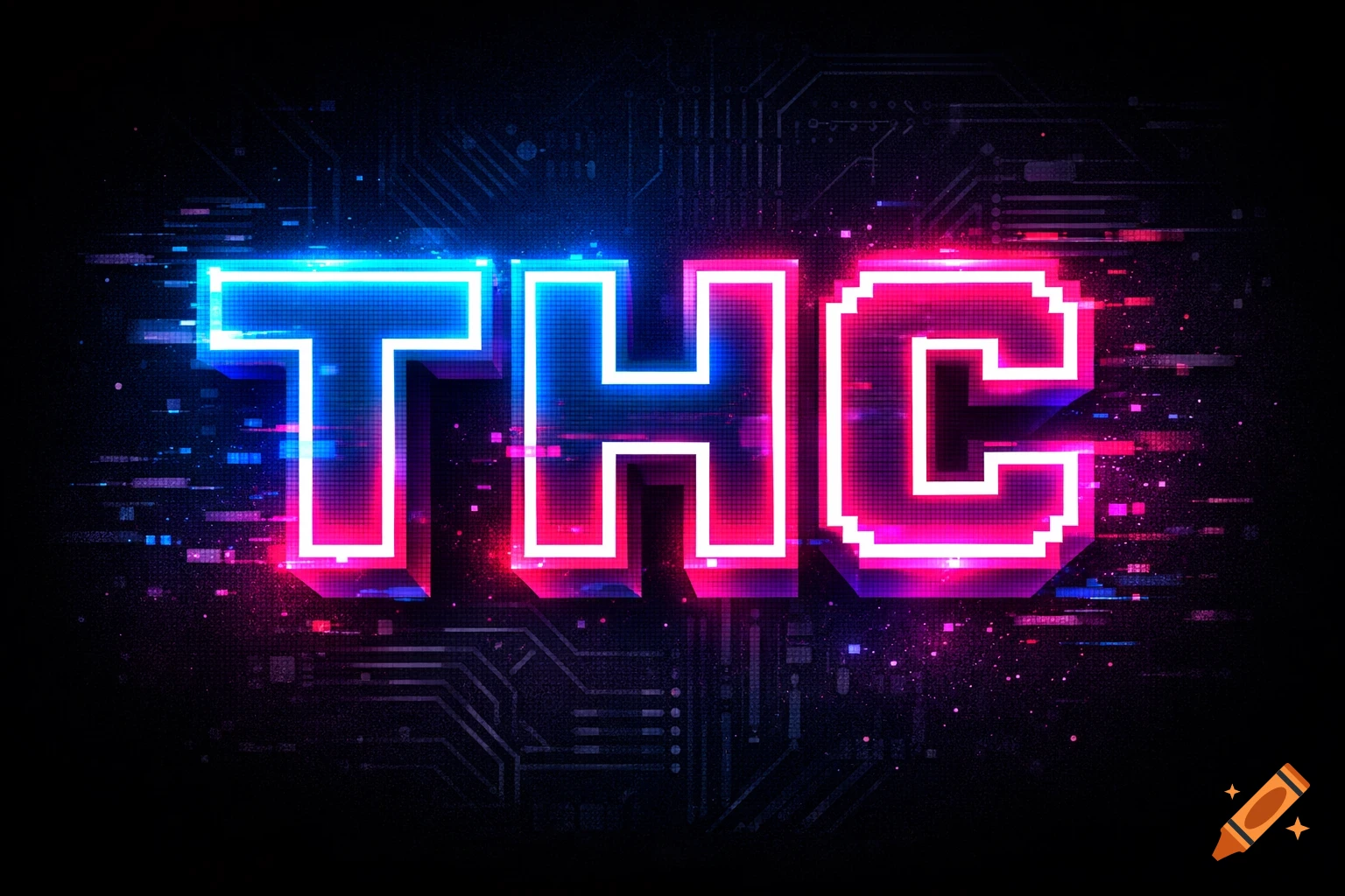 Neon blue and pink glowing 3D text 'THC' with a pixelated 'C', against a dark, glitchy circuit board background.