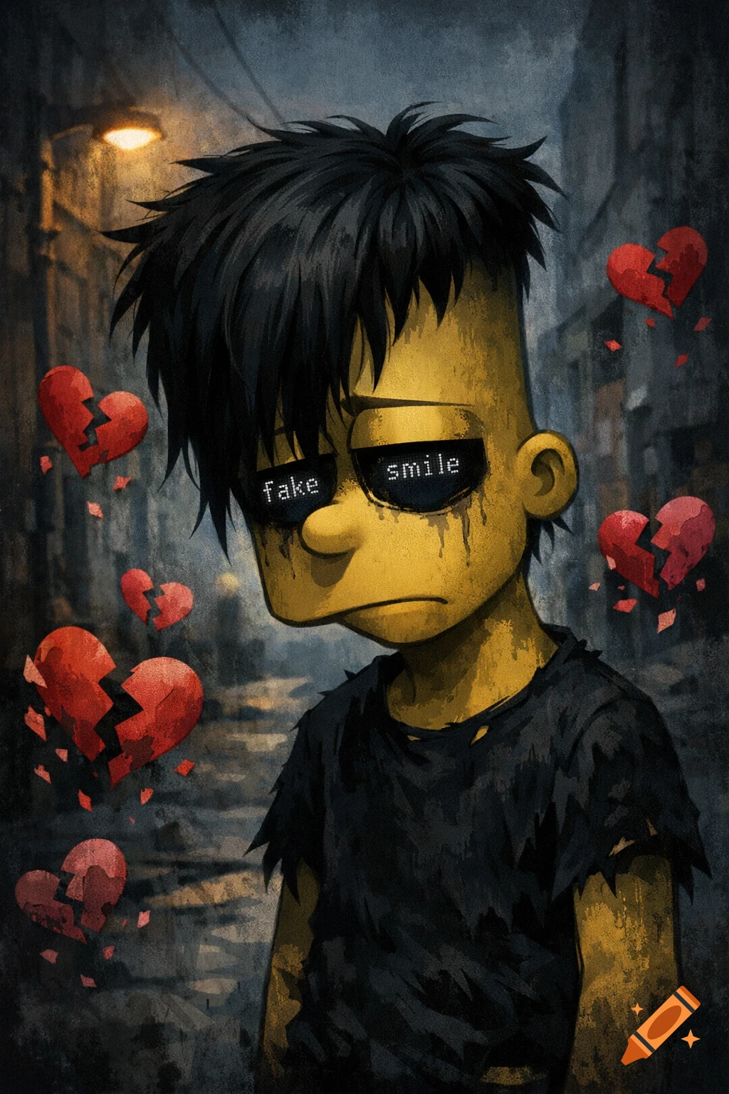 An emo Bart Simpson with tears, 'fake smile' on his eyes, and broken hearts around him, standing in a dark alley.