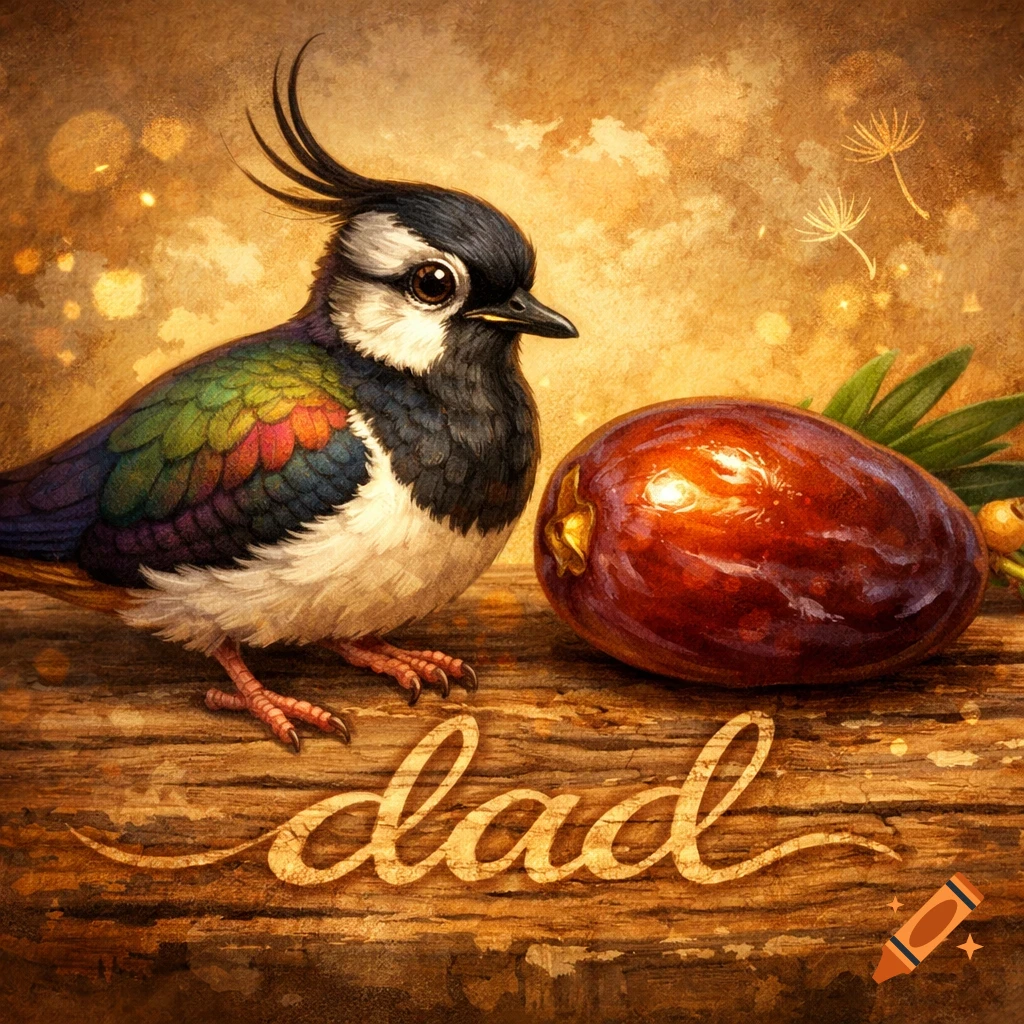 A colorful crested bird next to a red-brown date fruit on a wooden surface with the word 'dad' inscribed. Artistic style.