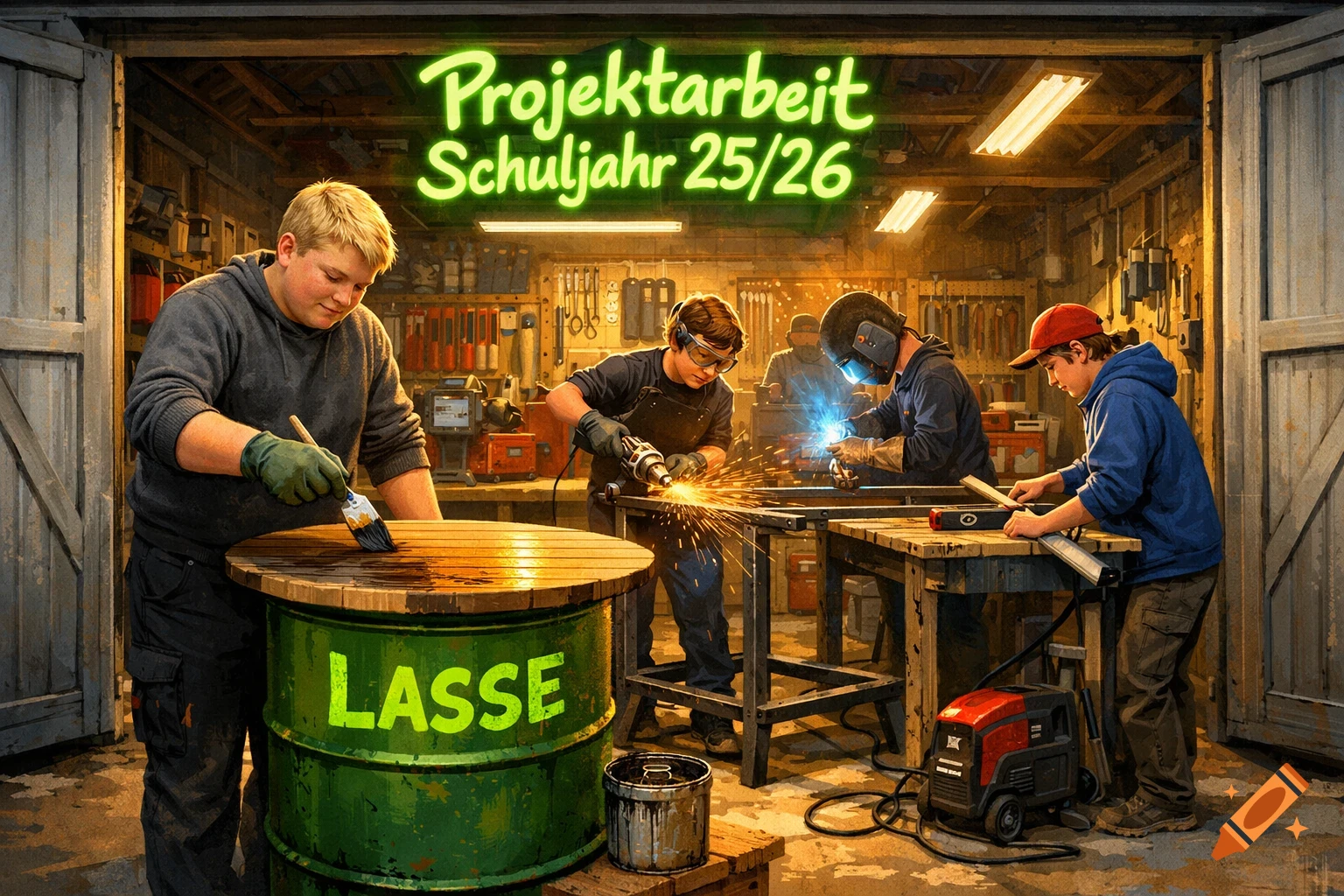 Four teenage boys working on a project in a busy workshop, painting a barrel, grinding metal, and welding, with glowing green text above.
