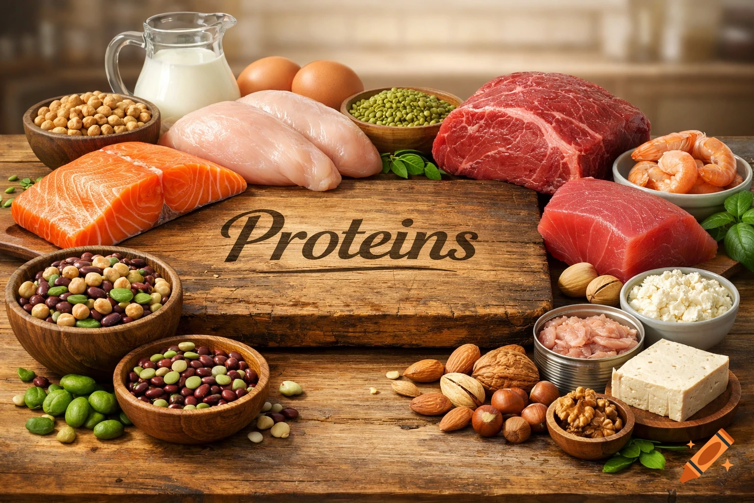Photorealistic display of various protein foods like meat, fish, eggs, milk, nuts, and beans on a wooden board with "Proteins" text.