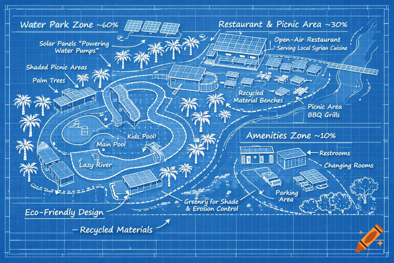 A blueprint design of an eco-friendly water park layout, showing zones for water features, a restaurant, and amenities with solar panels and recycled materials.