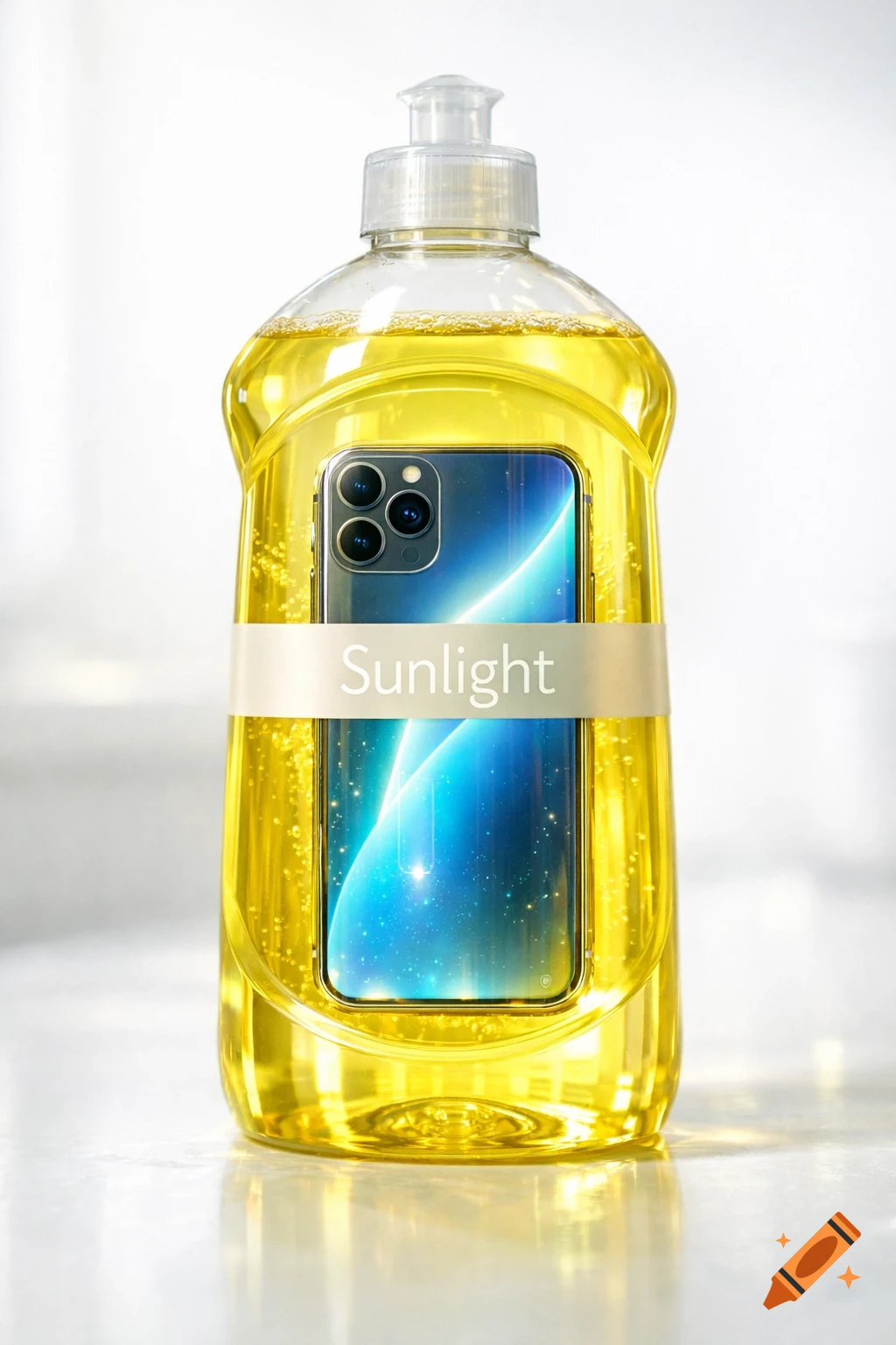 A transparent yellow bottle of Sunlight dish soap with an iPhone submerged inside, labeled 'Sunlight'.
