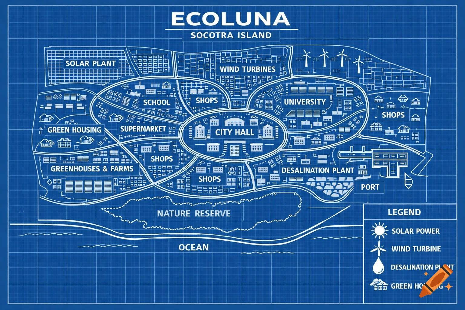 A flat, 2D blueprint map of Ecoluna, a sustainable city on Socotra Island, with white linework on a blue grid. It details various zones like City Hall, University, Solar Plant, and Nature Reserve.
