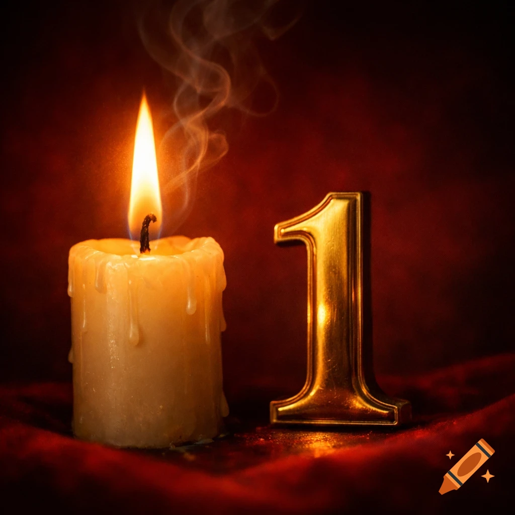 A lit candle with wax drips next to a shiny golden numeral one, against a dark red background.