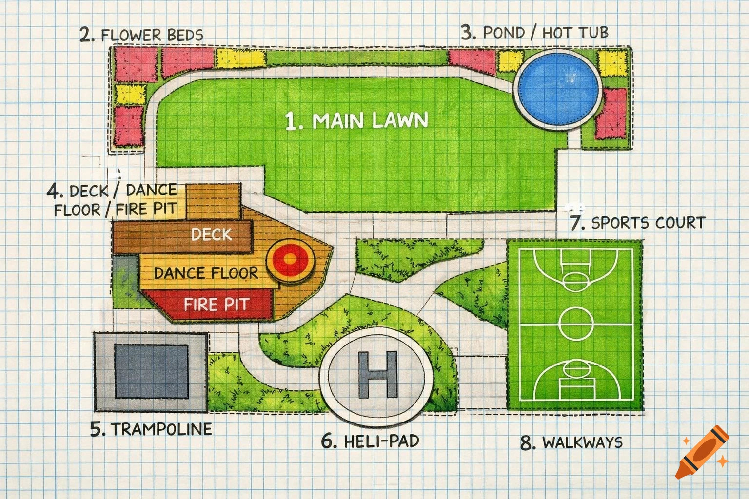Hand-drawn backyard blueprint on graph paper with numbered sections for a lawn, flower beds, pond, deck, fire pit, trampoline, heli-pad, and sports court.