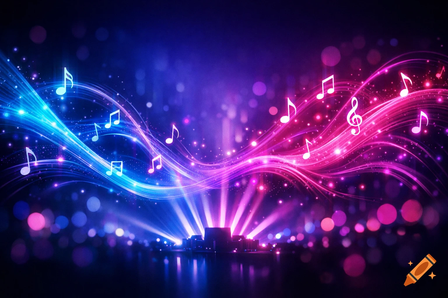 Vibrant blue and pink glowing light trails with musical notes and bokeh effects, suggesting a dynamic music event.
