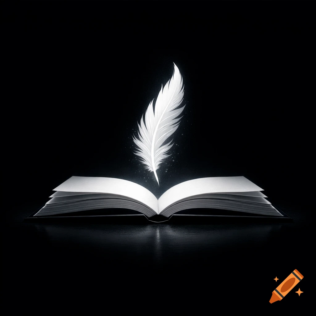 A glowing white feather floats above an open book on a dark, reflective surface, with subtle sparkles around the feather.