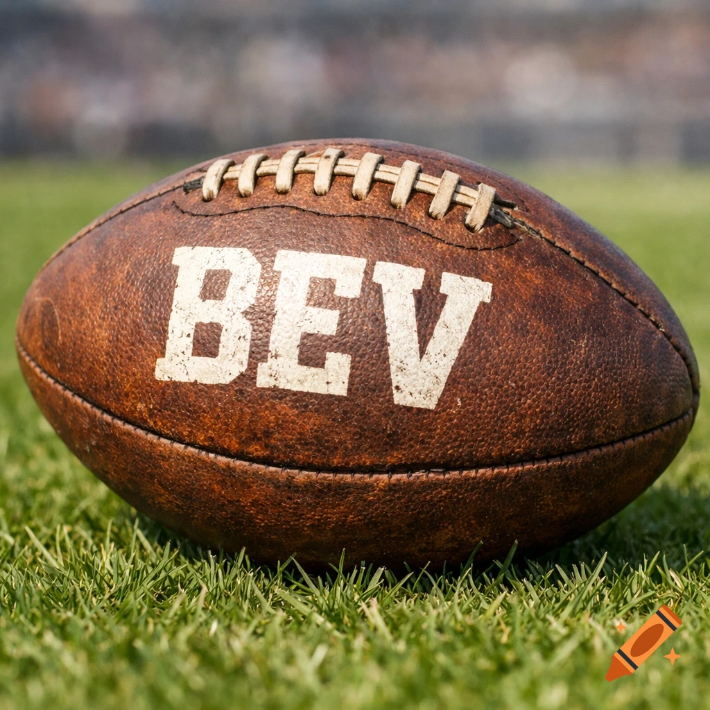A brown leather American football with 'BEV' printed in white, resting on green grass on a field.
