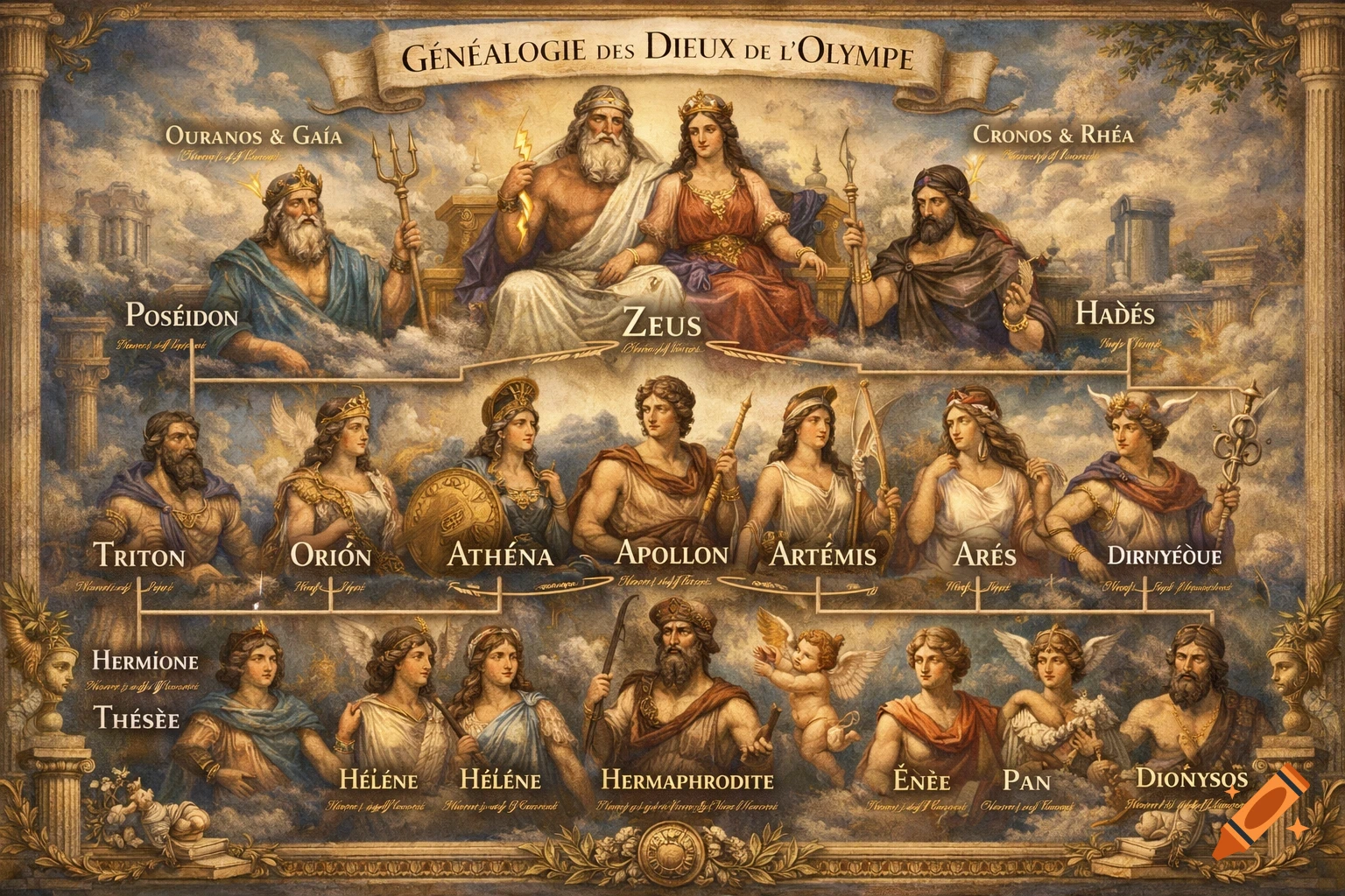 A classical painting style family tree of the Olympian gods with their names in French, arranged in tiers with Zeus and Hera at the top.