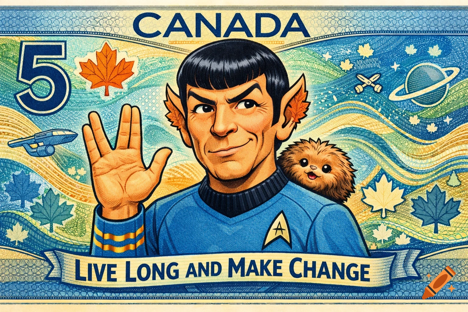 Humorous Canadian $5 bill parody featuring Spock doing the Vulcan salute with a furry creature, text 'Live Long and Make Change'.