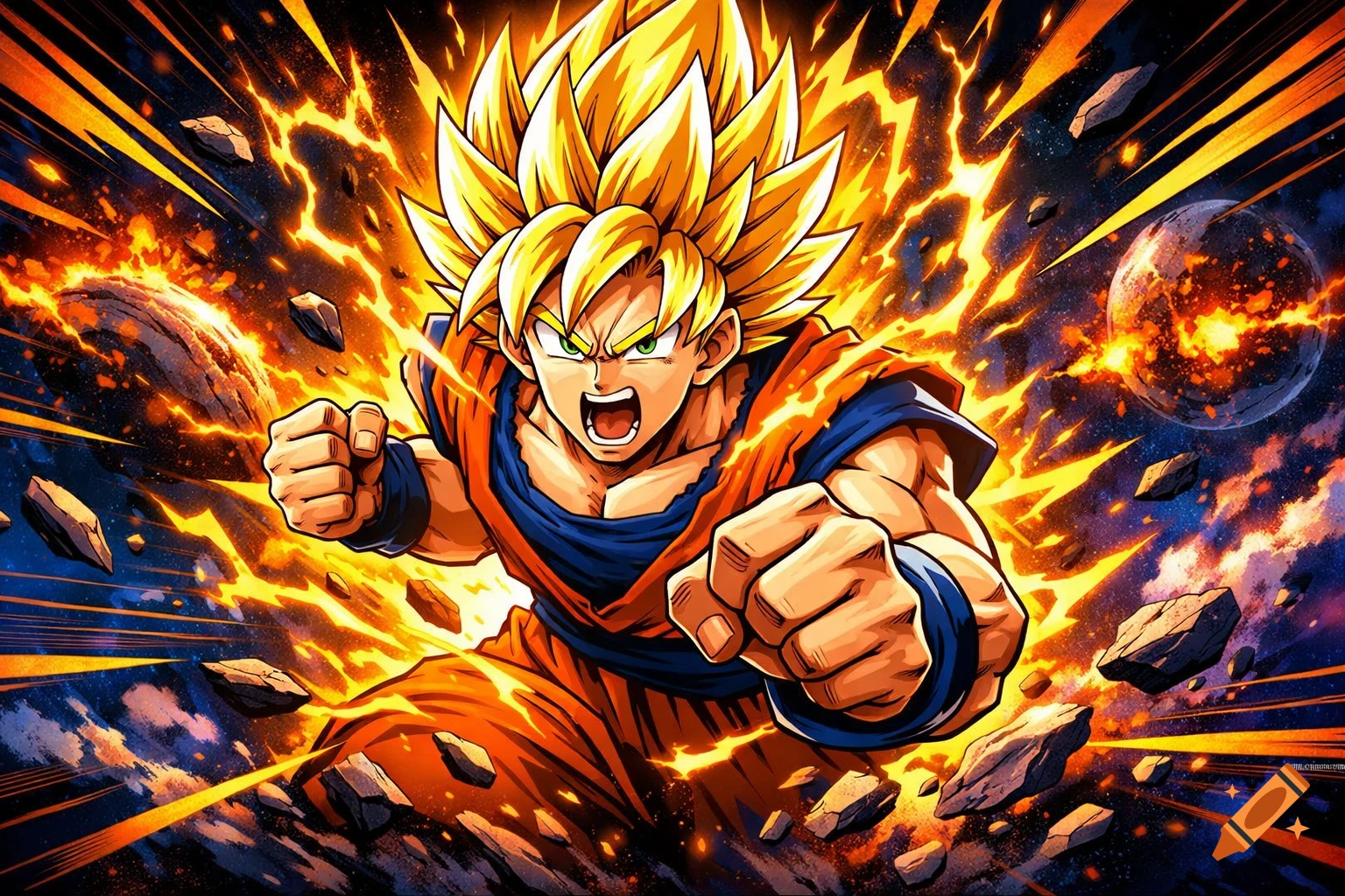 Vibrant anime art of Super Saiyan Goku charging forward, fists clenched, engulfed in golden energy with a fiery planet and debris in space.