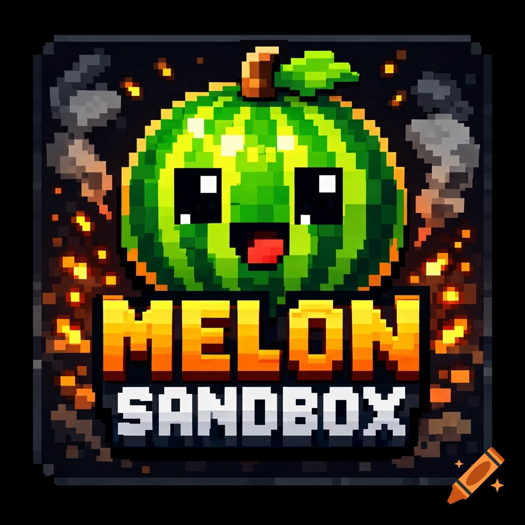 Pixel art game icon of a smiling watermelon character above "MELON SANDBOX" text, with sparks and smoke on a dark background.