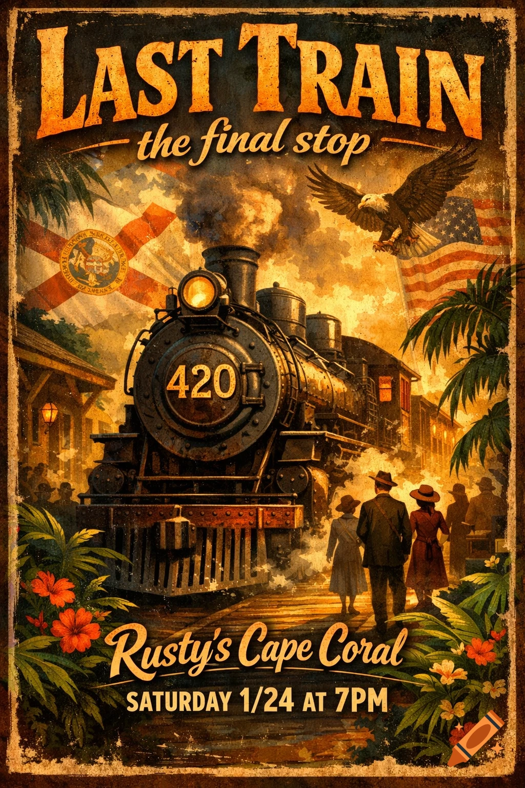 A vintage poster advertising 'Last Train' at Rusty's Cape Coral, featuring a steam train, an eagle, and US and Florida flags in a tropical setting.
