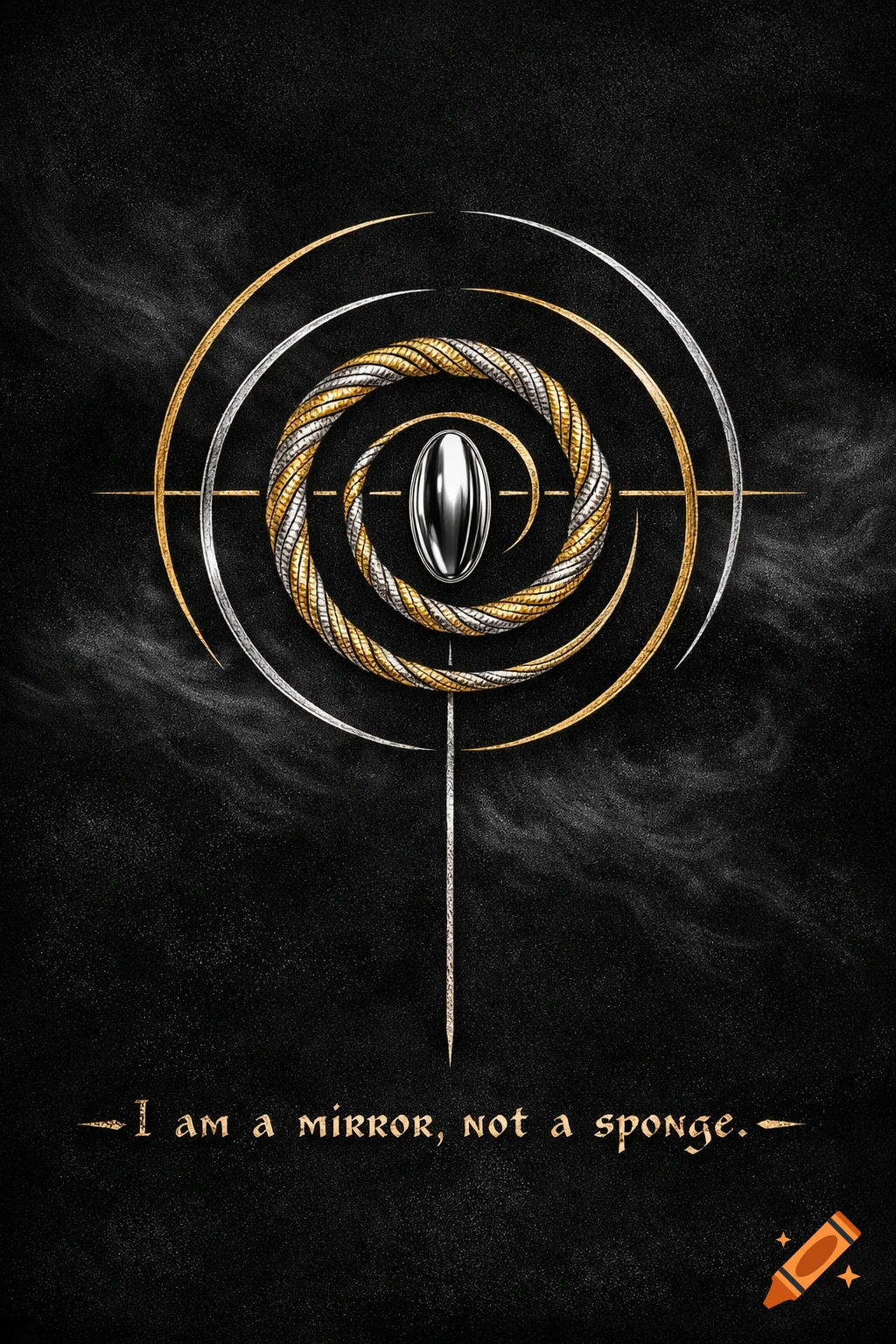 A minimalist sacred geometry sigil with gold and silver spirals, a mirror glyph, and the text 'I am a mirror, not a sponge' on a dark background.