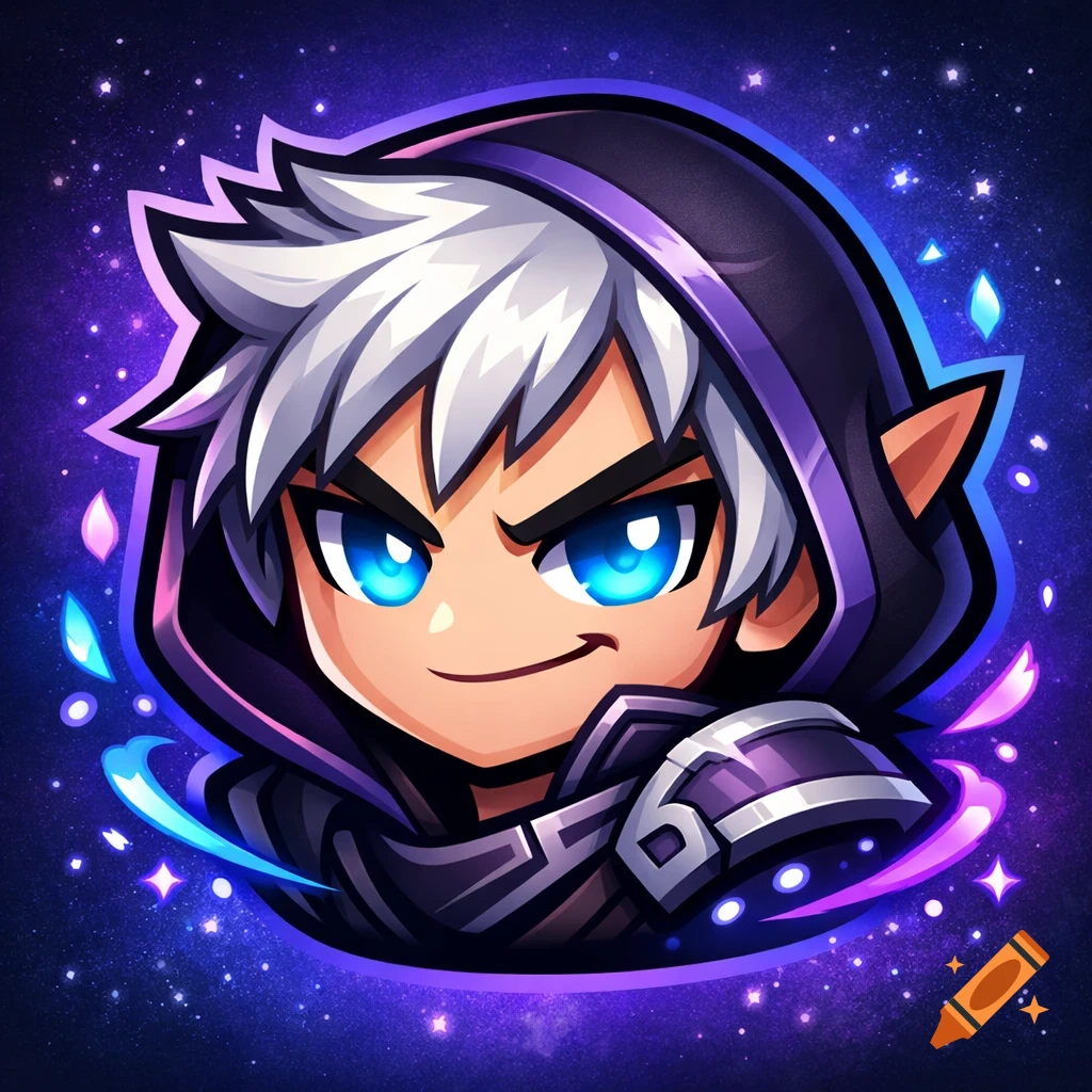 A chibi-style character with white spiky hair, glowing blue eyes, and elf ears, wearing a black and purple hooded cloak, against a dark, starry galaxy background.