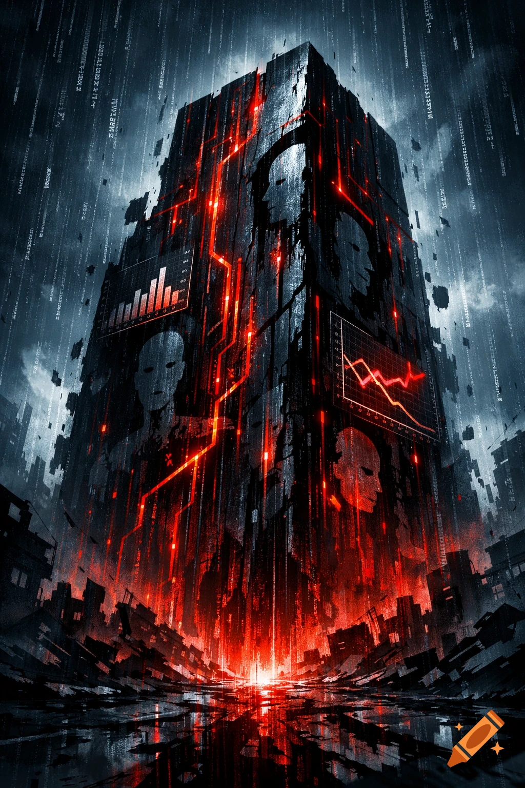 A stylized, dark, monolithic building glows with red data lines against a stormy, data-stream-filled sky, reflecting in a city scape.
