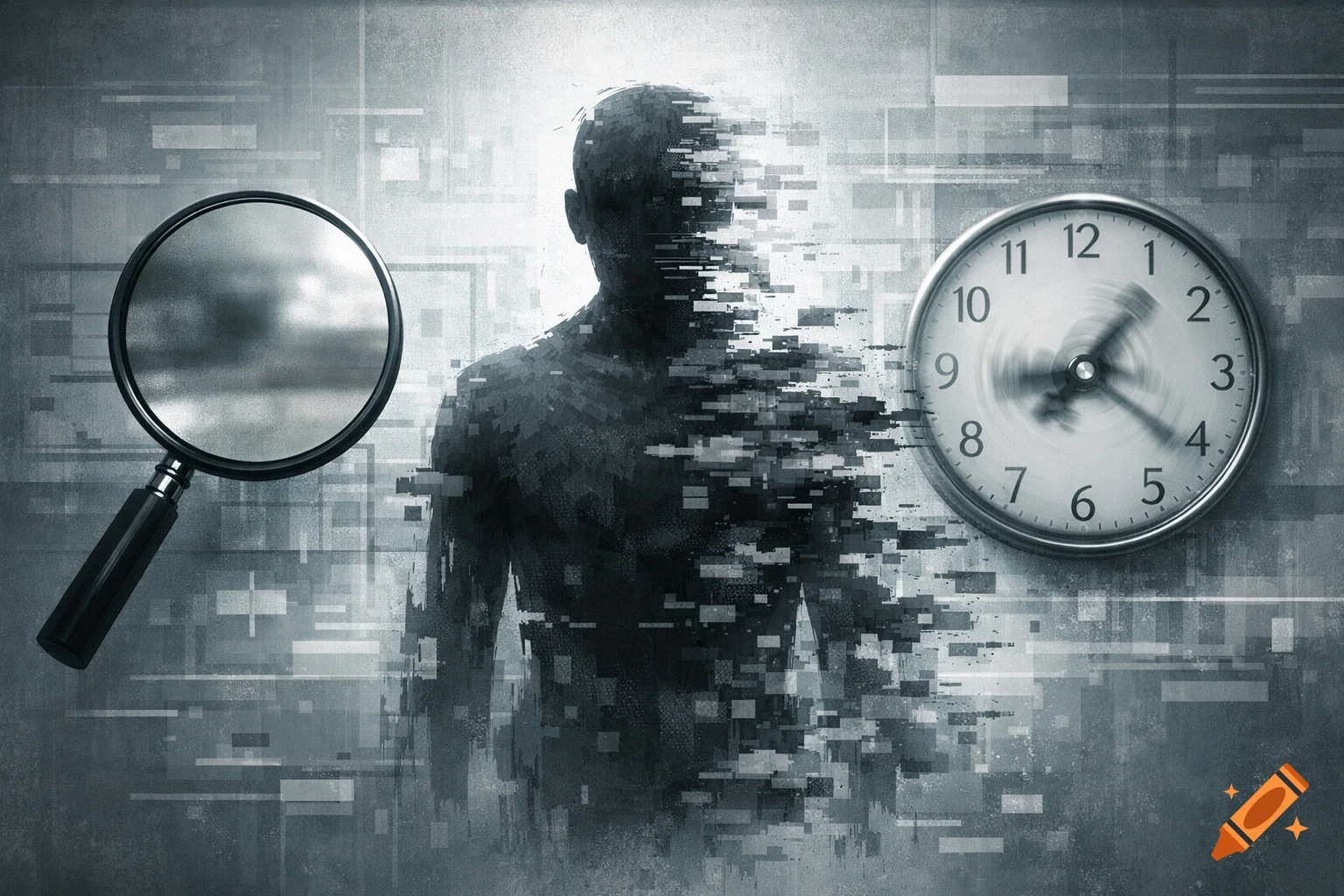 A pixelating figure dissolving into data, with a magnifying glass on the left and a blurred clock on the right, against a glitchy background in a conceptual art style.