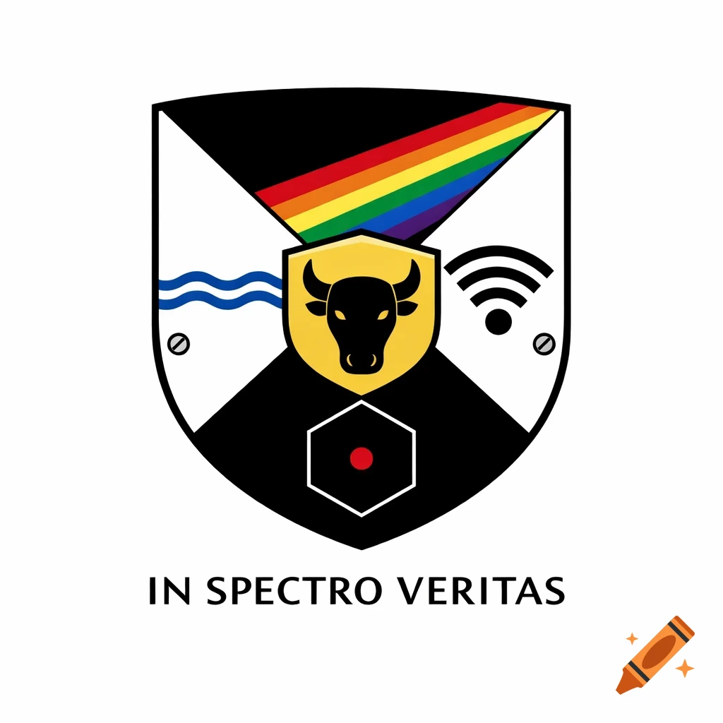 A shield-shaped coat of arms emblem with a rainbow stripe, internet symbol, wavy line, hexagon with red dot, and a black bull on a gold shield. Text "IN SPECTRO VERITAS" below. Flat design.