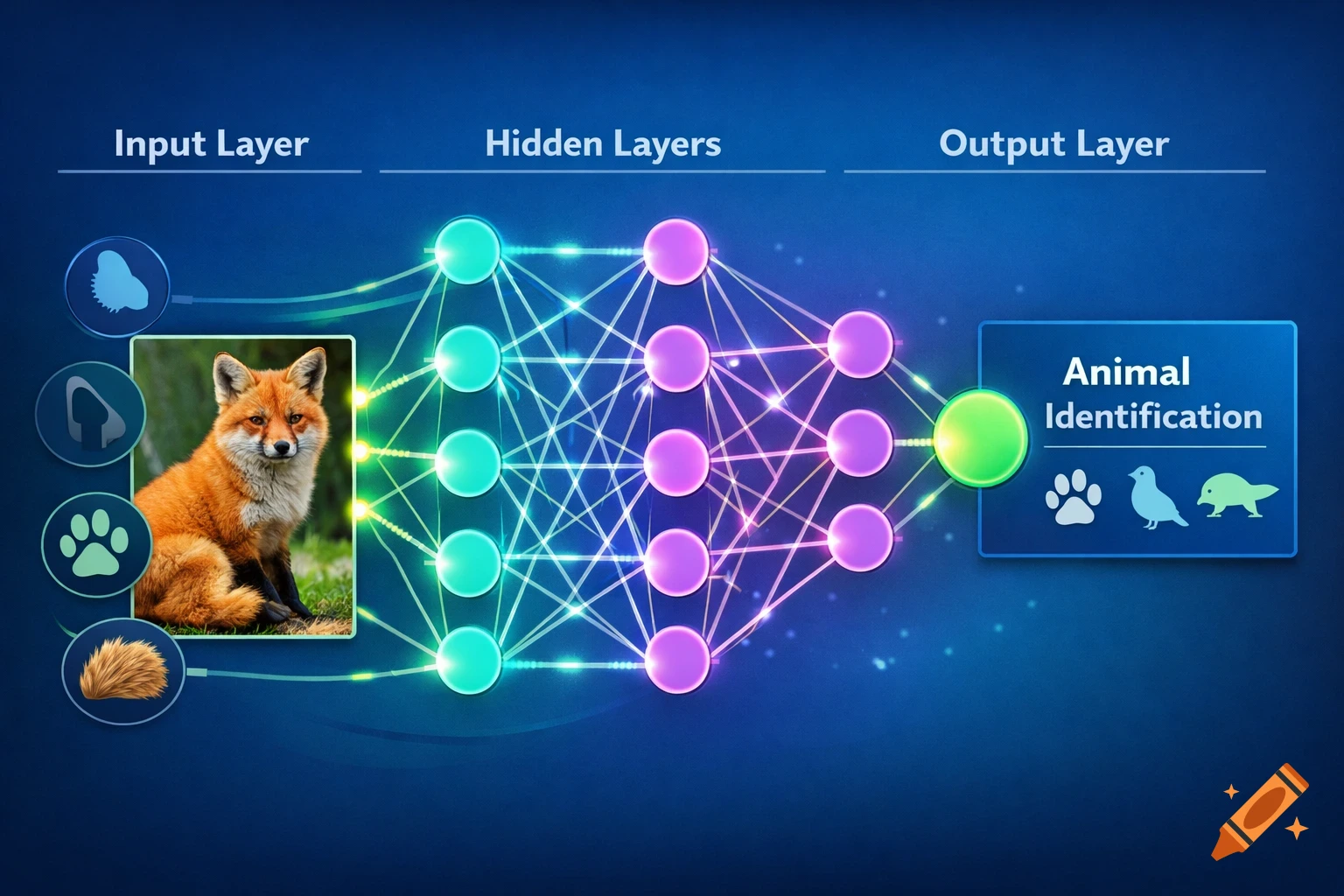 A colorful diagram illustrating a neural network for animal identification, showing an input layer with a fox, hidden layers, and an output layer.