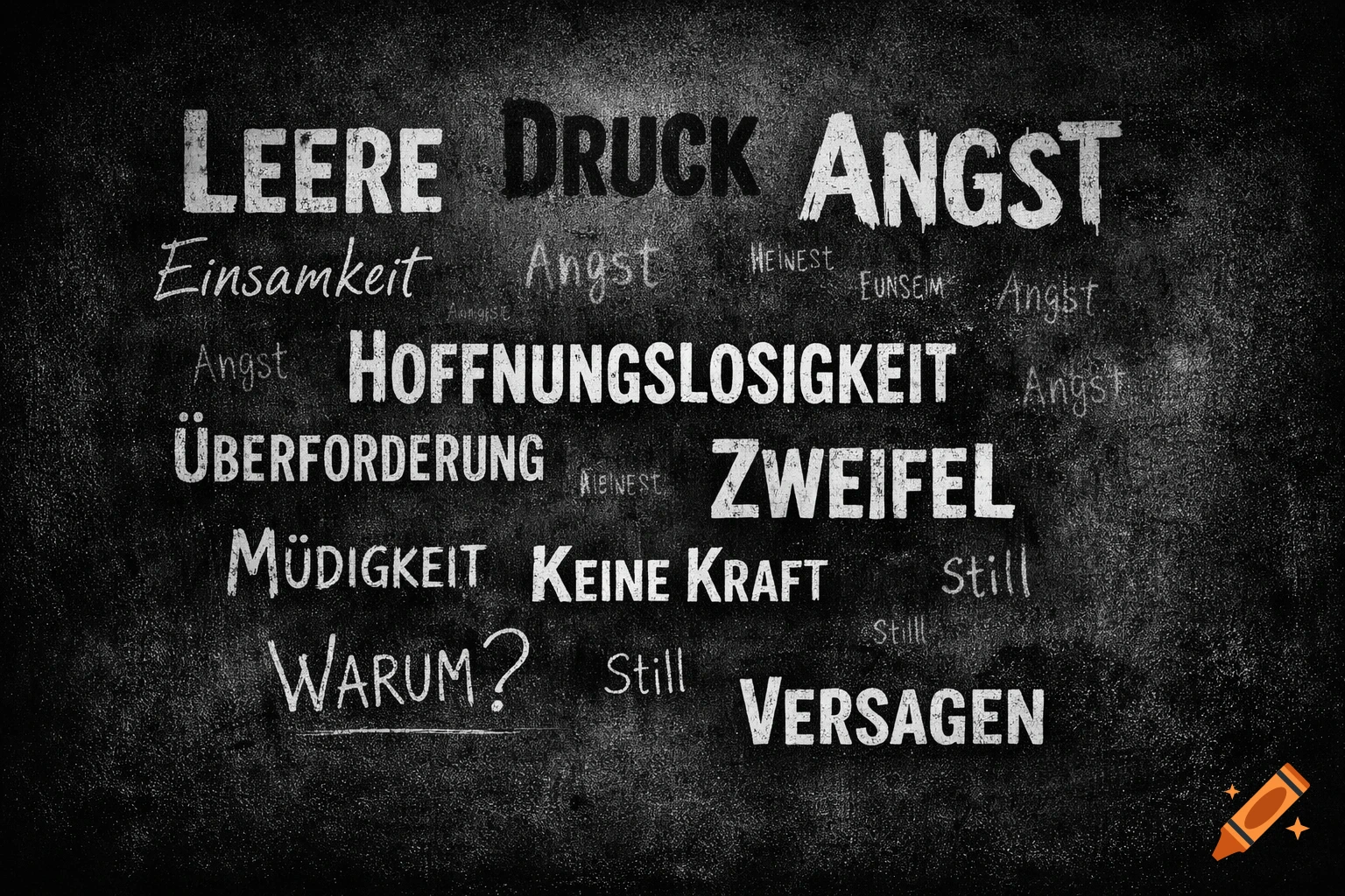 A black and white image with various German words expressing negative emotions like "Leere" (emptiness), "Angst" (fear), and "Hoffnungslosigkeit" (hopelessness), in different fonts on a textured background.