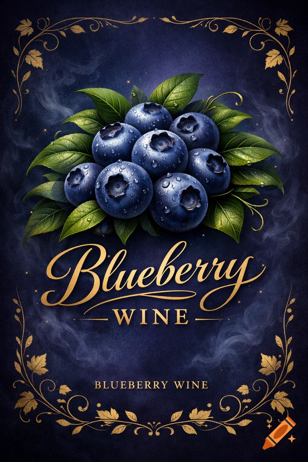 A vibrant illustration of blueberries and leaves with water droplets, ornate golden scrollwork, and "Blueberry Wine" text on a dark blue background.