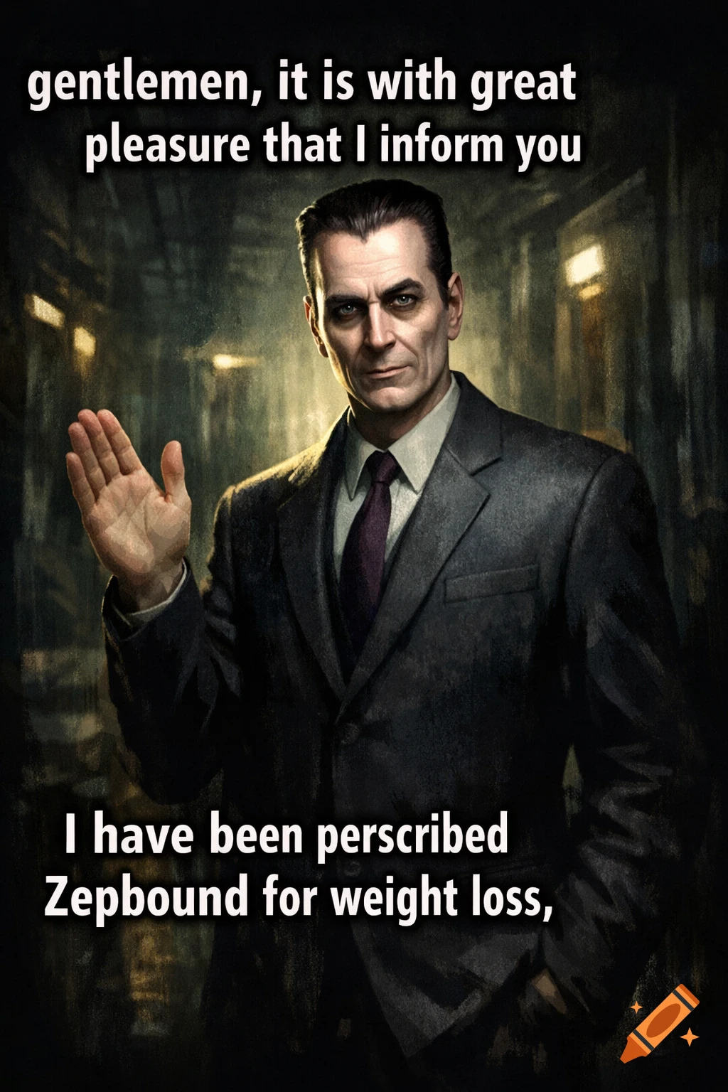 A serious-looking man in a suit raises his hand, with meme text above and below him announcing a weight loss prescription.