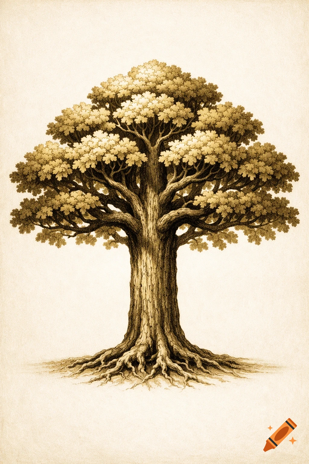 A sepia-toned illustration of a majestic oak tree with a strong trunk, spreading branches, and visible roots on a simple background.
